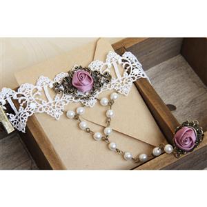 Victorian Style White Lace Wristband Rose Embellished Bracelet with Ring J18061