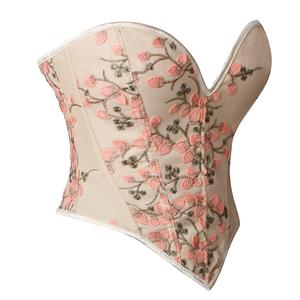 Women's Apricot Vintage Printed Lace-up 13 Plastic Boned Overbust Corset N23314