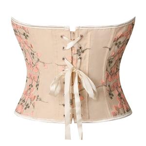 Women's Apricot Vintage Printed Lace-up 14 Plastic Boned Overbust Corset N23315