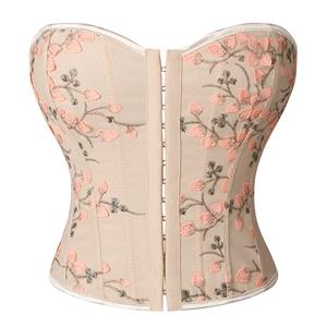 Fashion Body Shaper, Womens Plastic Boned Corset, Victorian Overbust Corset,Women's Apricot Vintage Lace-up 14 Plastic Boned Overbust Corset,#N23315