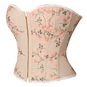 Women's Apricot Vintage Printed Lace-up 14 Plastic Boned Overbust Corset N23315