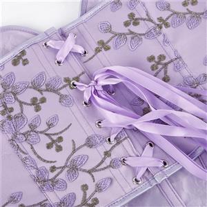Women's Purple Vintage Printerd Lace-up 13 Plastic Boned Overbust Corset N23406