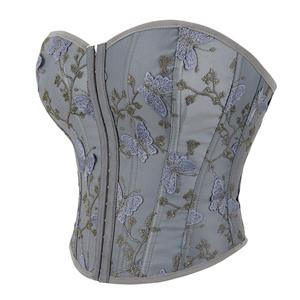 Women's Butterfly Embroidery Strapless Corset Tummy Control Lace Up Push Up Body Shaper N23475