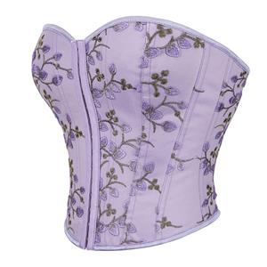 Women's Purple Vintage Printed Lace-up 14 Plastic Boned Overbust Corset N23407