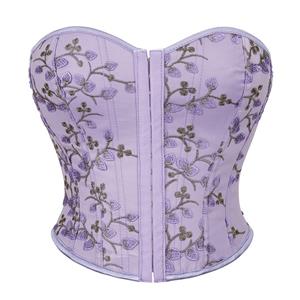 Women's Purple Vintage Printed Lace-up 14 Plastic Boned Overbust Corset N23407