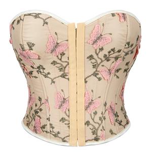 Women's Butterfly Embroidery Strapless Corset Tummy Control Lace Up Push Up Body Shaper N23476