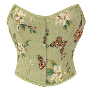 Outerwear Corset for Women, Fashion Body Shaper, Womens Plastic Boned Corset, Plastic Boned Corset, Victorian Overbust Corset, Sexy Overbust Corset, Women's Butterfly Vintage Printed Lace-up 13 Plastic Boned Overbust Corset,#N23481