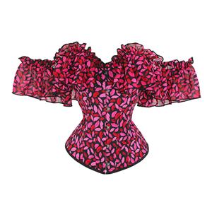 Sexy Retro Red Lip Print Off Shoulder Ruffles 12 Plastic Boned Body Shaper Overbust Corset N23362