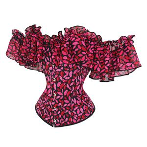 Sexy Retro Red Lip Print Off Shoulder Ruffles 12 Plastic Boned Body Shaper Overbust Corset N23362