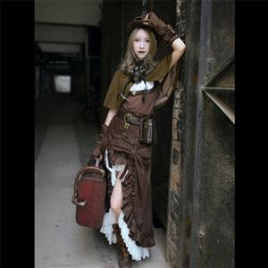 Victorian Steampunk Ruffle Multi-layered Asymmetrical Hemline High Waist Cinching Skirt N19282