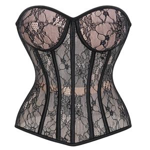 corset top, vintage lace corset, boned bustier, steampunk corset, victorian style, lace-up back, sheer mesh, waist training, party corset, cosplay costume, burlesque top, floral lace, hourglass silhouette, adjustable corset, women's shapewear #N23906
