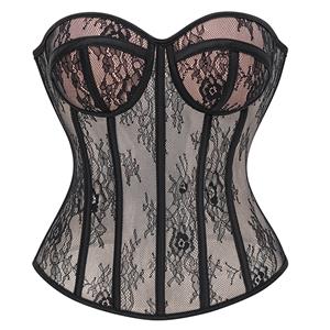 corset top, vintage lace corset, boned bustier, steampunk corset, victorian style, lace-up back, sheer mesh, waist training, party corset, cosplay costume, burlesque top, floral lace, hourglass silhouette, adjustable corset, women's shapewear #N23907