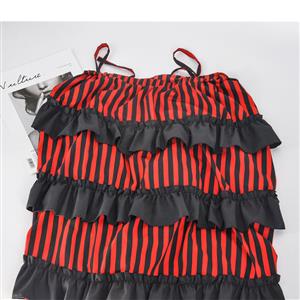 Victorian Steampunk Gothic Black and Red Stripes Irregular High-low Ruffle Skirt N18677