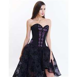 Women's Black Classcial Vintage Floral Embroidery Steel Boned Overbust Corset N14948