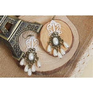 Victorian Style White Floral Lace Bronze Metal with Gem and Beads Drop Earrings J18412