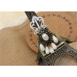 Victorian Style White Floral Lace Bronze Metal with Gem and Beads Drop Earrings J18412