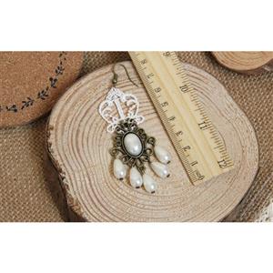 Victorian Style White Floral Lace Bronze Metal with Gem and Beads Drop Earrings J18412