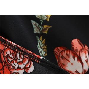 Vintage Camellia Print Round Neck High Waist Half Sleeves Midi Swing Dress N18597