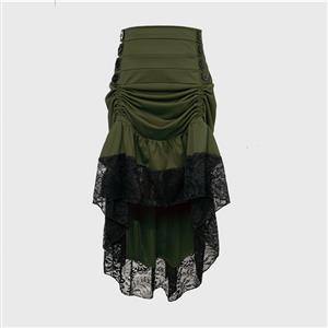 Vintage Gothic Army Green High Waist Button Lace Trim Ruffled High-low Skirt N22487