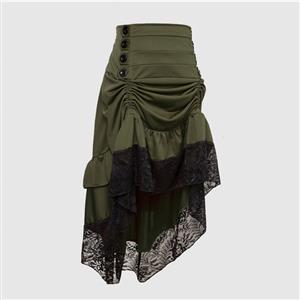 Vintage Gothic Army Green High Waist Button Lace Trim Ruffled High-low Skirt N22487