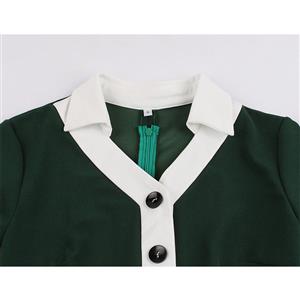 Vintage Women Green Lapel Long Sleeve High Waist  Button Autumn A-line Dress N19560