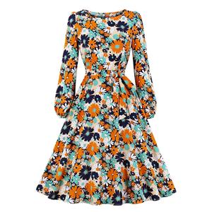 Vintage Round Neck Long Sleeve High Waist Lacing Daisy Print Autumn Swing Dress N20773