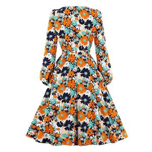 Vintage Round Neck Long Sleeve High Waist Lacing Daisy Print Autumn Swing Dress N20773