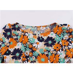 Vintage Round Neck Long Sleeve High Waist Lacing Daisy Print Autumn Swing Dress N20773