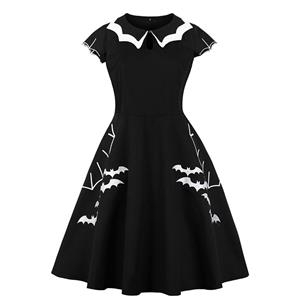 Fashion Vintage Bat-Shaped Neckline Short Sleeve Embroidery High Waist  Swing Dress N21347