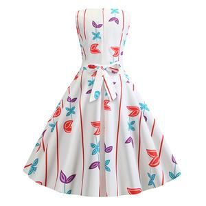 Vintage Floral Print Round Neck Sleeveless High Waist Belt Party Big Swing A-line Dress N20451