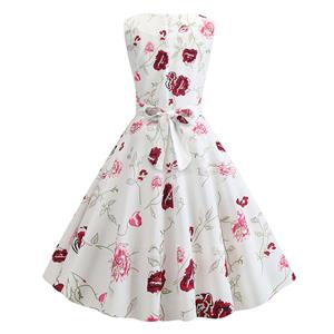 Vintage Floral Print Round Neck Sleeveless High Waist Belt Party Big Swing A-line Dress N20452