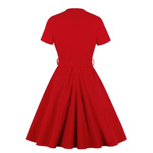 Vintage Rockabilly Short Sleeve High Waist Belted Cocktail Party A-line Midi Dress N19937