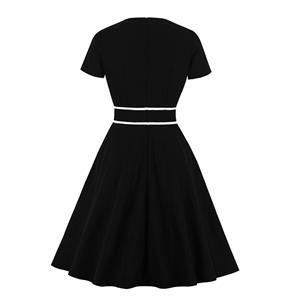 Vintage Black And White Round Neck Short Sleeve High Waist Fake Button A-line Dress N19570