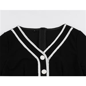 Vintage Black And White V-neck Short Sleeve High Waist Button A-line Dress N19571