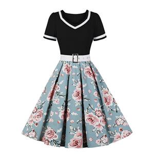 Vintage Black Bodice Floral Print Skirt Spliced High Waist Belted Cocktail Party Midi Dress N21578