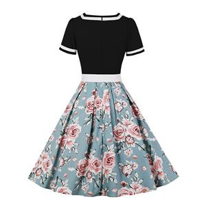 Vintage Black Bodice Floral Print Skirt Spliced High Waist Belted Cocktail Party Midi Dress N21578