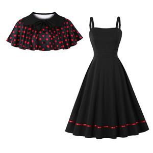 Vintage 2 - Piece Polka Dot & Black Dress Set (Peter Pan Collar Cape + Sleeveless A - line Dress) N23931
