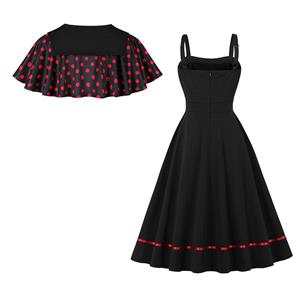 Vintage 2 - Piece Polka Dot & Black Dress Set (Peter Pan Collar Cape + Sleeveless A - line Dress) N23931