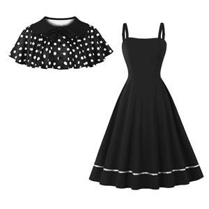 Vintage 2 - Piece Polka Dot & Black Dress Set (Peter Pan Collar Cape + Sleeveless A - line Dress) N23934