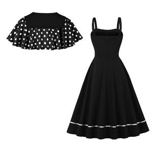 Vintage 2 - Piece Polka Dot & Black Dress Set (Peter Pan Collar Cape + Sleeveless A - line Dress) N23934