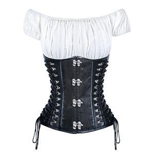 Women's Vintage Black Jacquard Weave Underbust Corset with White Off Shoulder T-shirt N12981