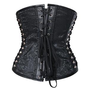 Women's Vintage Black Jacquard Weave Underbust Corset with White Off Shoulder T-shirt N12981