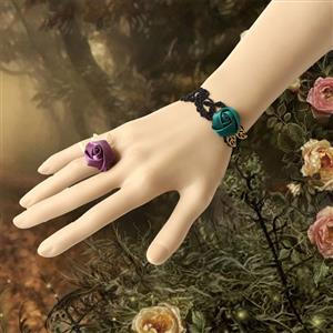 Vintage Black Lace Wristband Victorian Style Rose Bracelet with Ring J17764