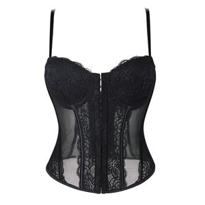 Lace corset, Adjustable bustier, Sheer mesh lingerie, Vintage corset top, Front zipper corset, Burlesque performance, Romantic intimate wear, Pin-up style, Gothic lingerie, Elegant shapewear #N23792