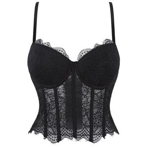 black corset top, sheer mesh corset, lace bustier, boned bodice, adjustable spaghetti straps, front clasp top, lingerie inspired top, women's corset, fitted top, date night outfit, layering piece, clubwear top, sexy evening top, structured bodice, black lace top #N23942