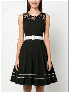 vintage style, black dress, lace collar, wide white belt, waist-cinching, A-line silhouette, flared skirt, white stripe trim, retro elegance, breathable fabric #N23828