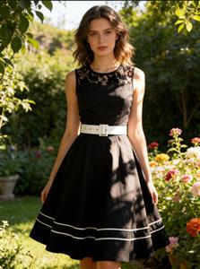 Vintage Black A-Line Dress with Lace Collar and Wide White Belt N23828