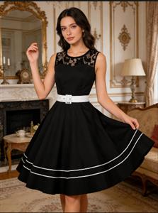 Vintage Black A-Line Dress with Lace Collar and Wide White Belt N23828