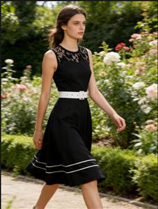 Vintage Black A-Line Dress with Lace Collar and Wide White Belt N23828