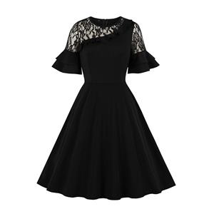 Sexy Black Sheer Lace Spliced Ruffle Trim Flared Sleeve Party Midi Dress N19514